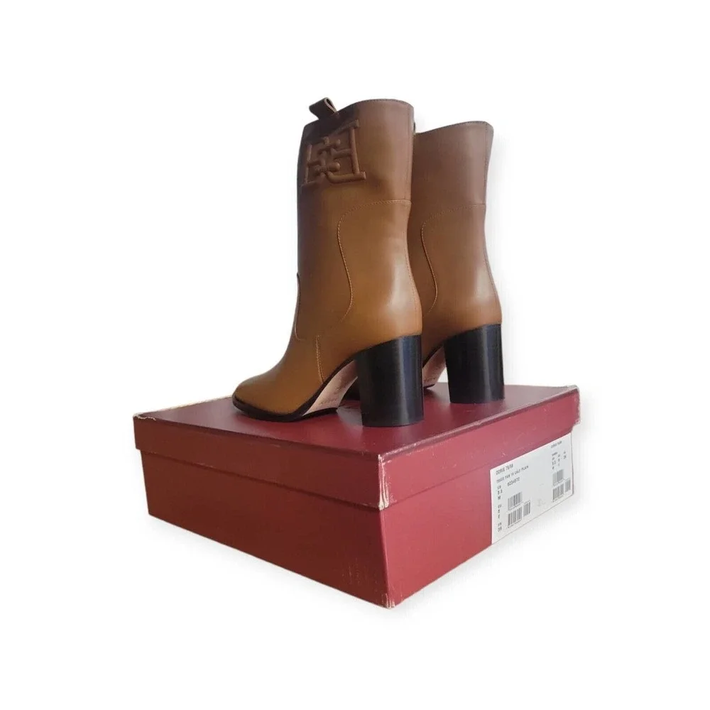 Bally Womens Doris Boots Tan Leather Stamp Logo Mid Calf Block Pull On 8.5 M New - Picture 5 of 7